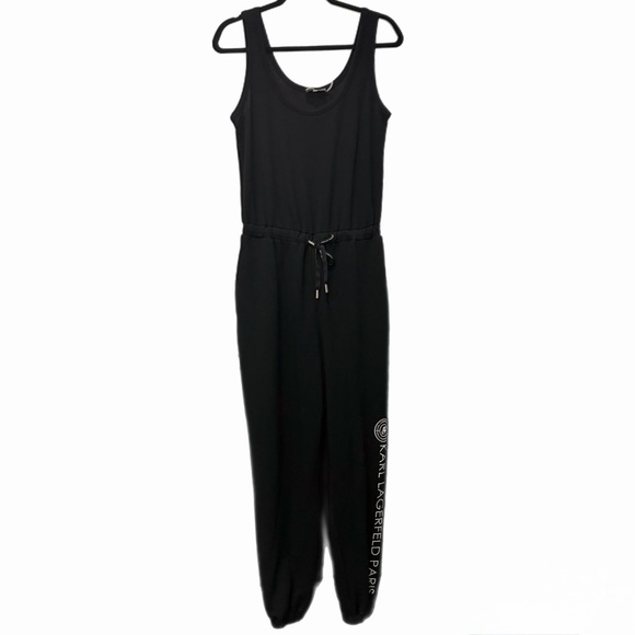 Karl Lagerfeld Paris Black Logo Jumpsuit | Size S | Drawstring Waist Sleeveless - Picture 3 of 7